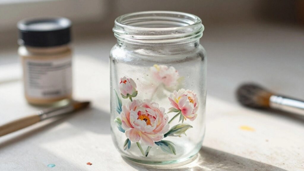 A clear glass jar with painted pink peonies and green leaves on the lower half, next to paint pots and brushes.
