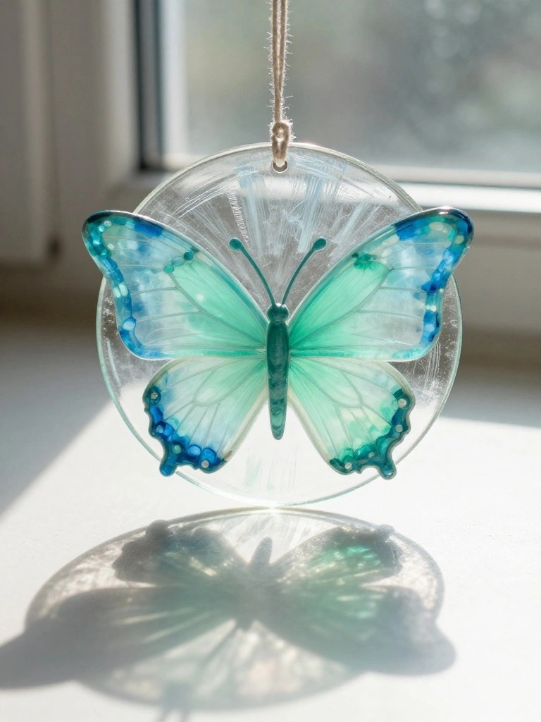 Turquoise glass butterfly ornament hanging from string, casting shadow on surface.
