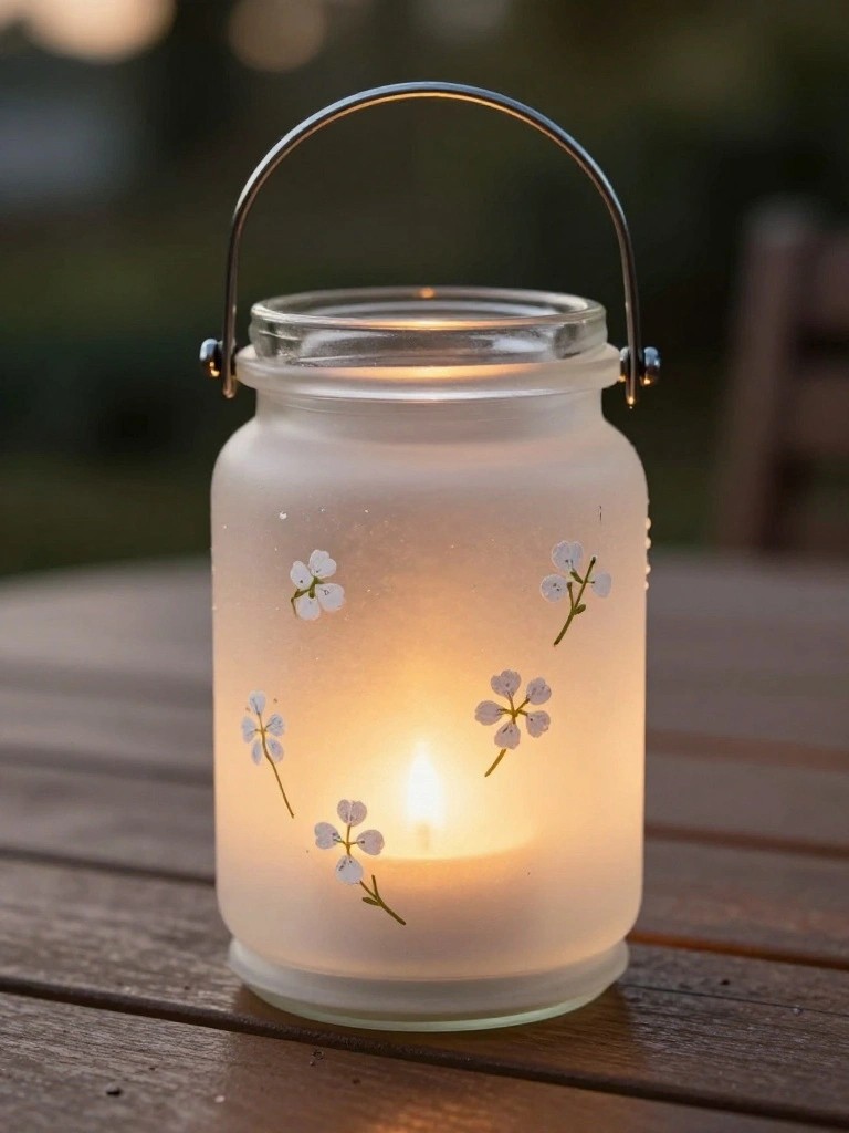 Lit candle in frosted glass jar with metal handle and floral decals on wooden table.