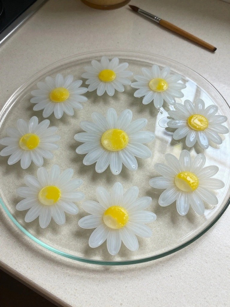 A round clear glass plate holds nine painted white daisies with yellow centers arranged loosely in a circle, with a small paintbrush visible in the background.