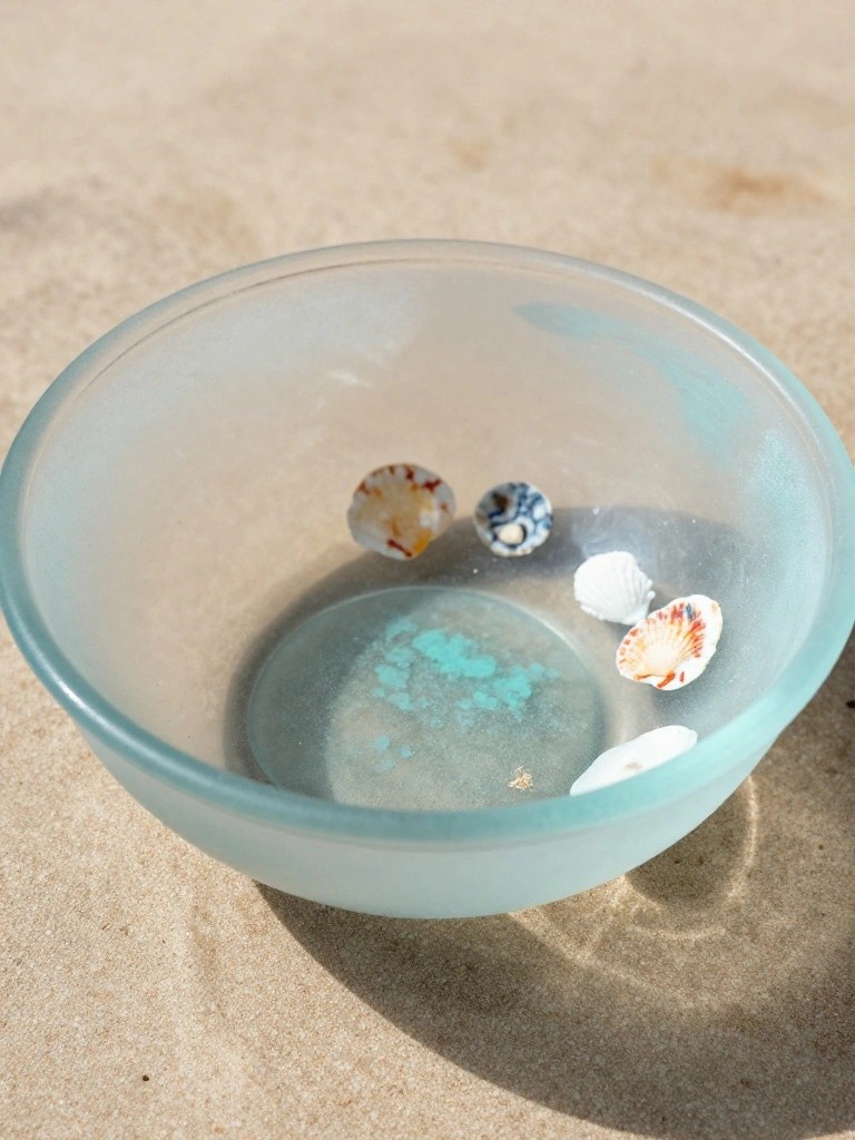 A light blue frosted glass bowl rests on sand and holds a few small seashells with turquoise powder scattered at the bottom.