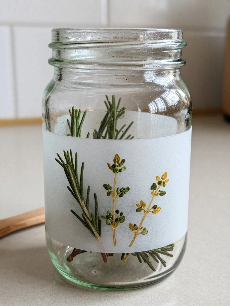 Glass jar with white label of pressed rosemary, thyme, and yellow flowers