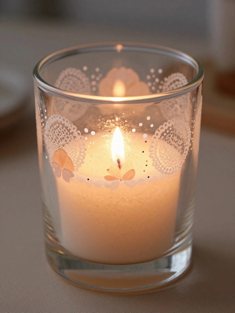 Lit candle in glass jar with white lace patterns and orange floral accents.