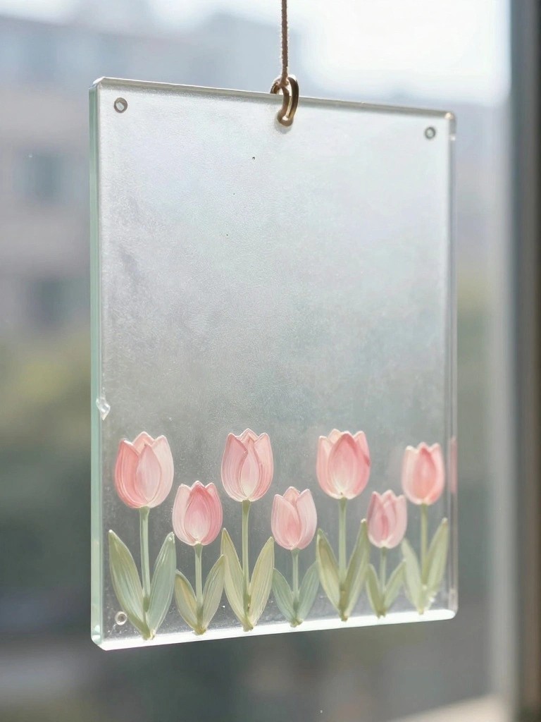 Hanging frosted glass panel with pink tulips painted along bottom edge.