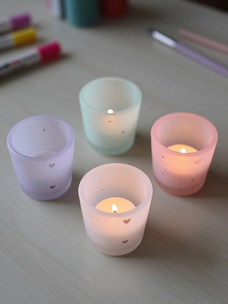 Four pastel frosted votives with hearts holding lit candles on wooden table