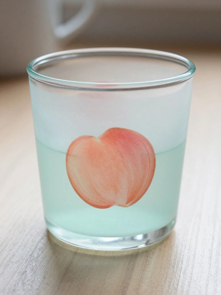 Glass cup of light blue liquid with submerged peach on wooden table