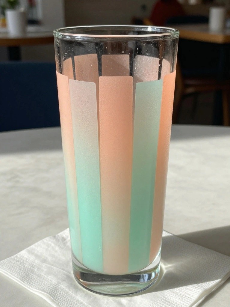 Tall glass with frosted pastel peach and mint vertical stripes on napkin