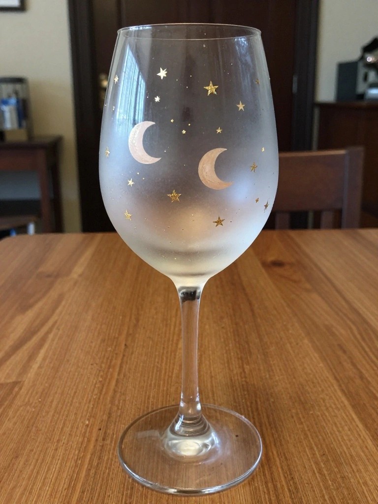 Frosted wine glass with gold crescent moons and stars on wooden table