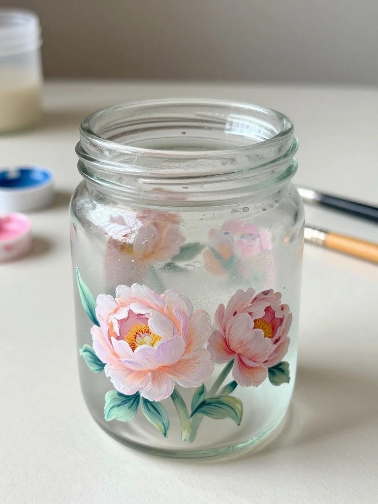 A clear glass jar with painted pink peonies and green leaves on the lower half, next to paint pots and brushes.