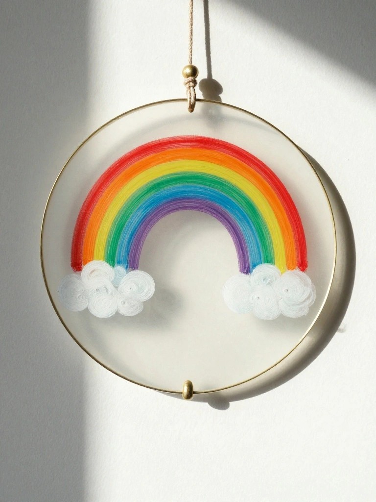 Circular clear glass ornament with gold rim shows a painted rainbow arc and white textured clouds at each end, hanging from a cord.