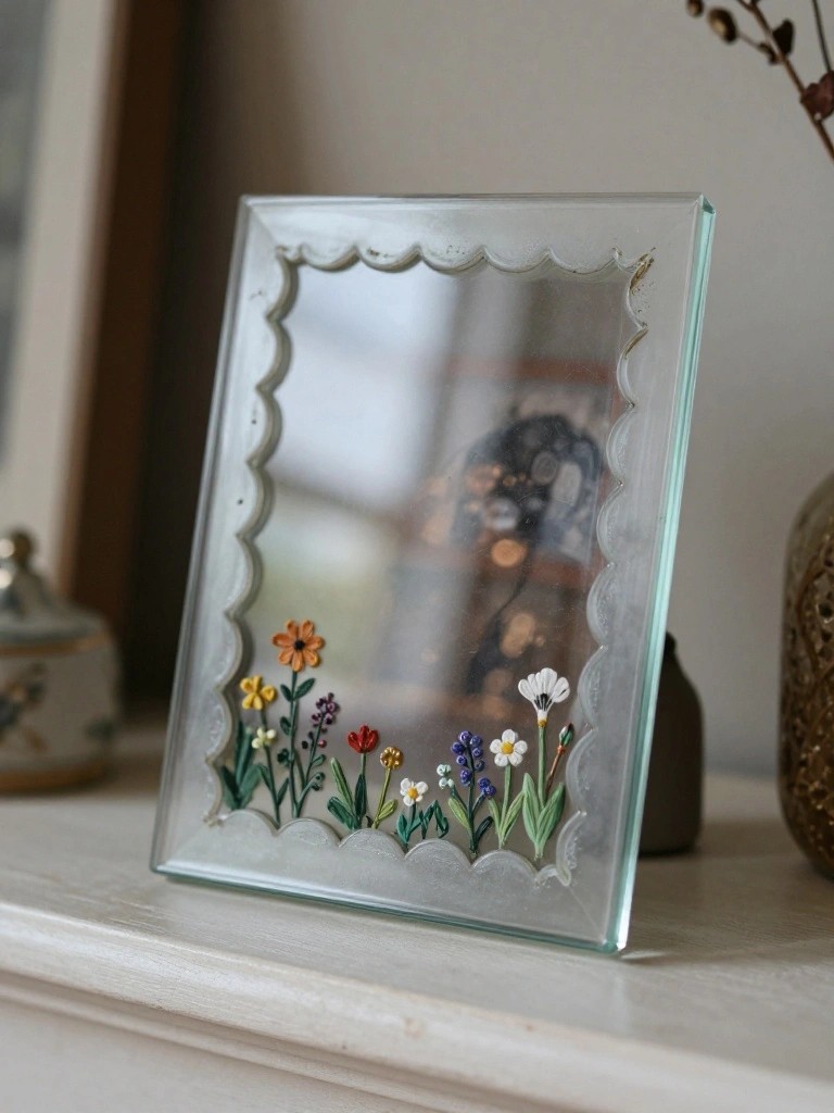 Scalloped glass frame with colorful floral arrangement on white surface.