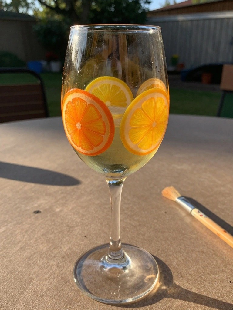 Wine glass with painted citrus slices beside paintbrush on outdoor table