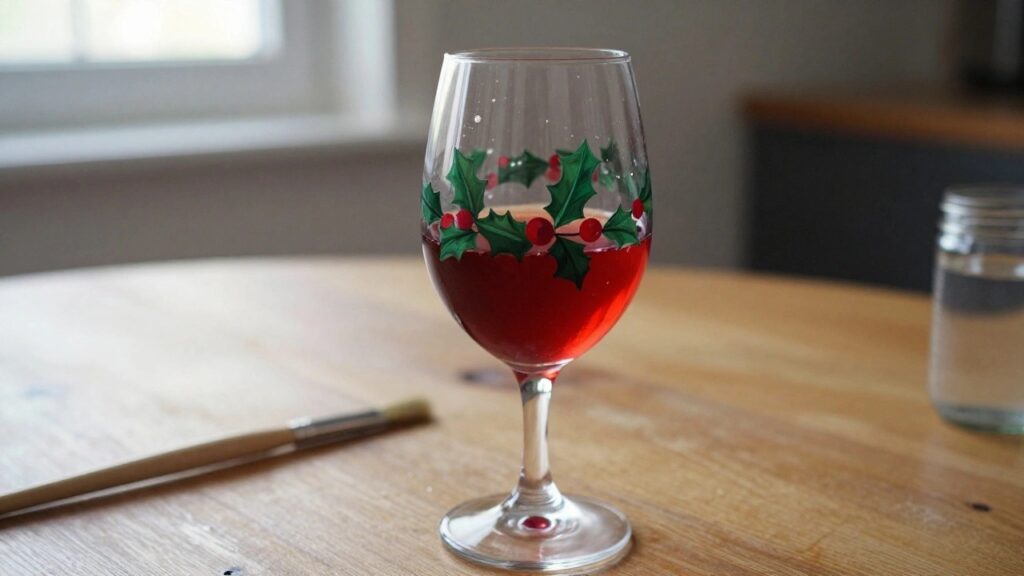 17 Festive Wine Glass Painting Ideas Made for Holiday Tables Red wine glass painted with holly leaves and berries on wooden table