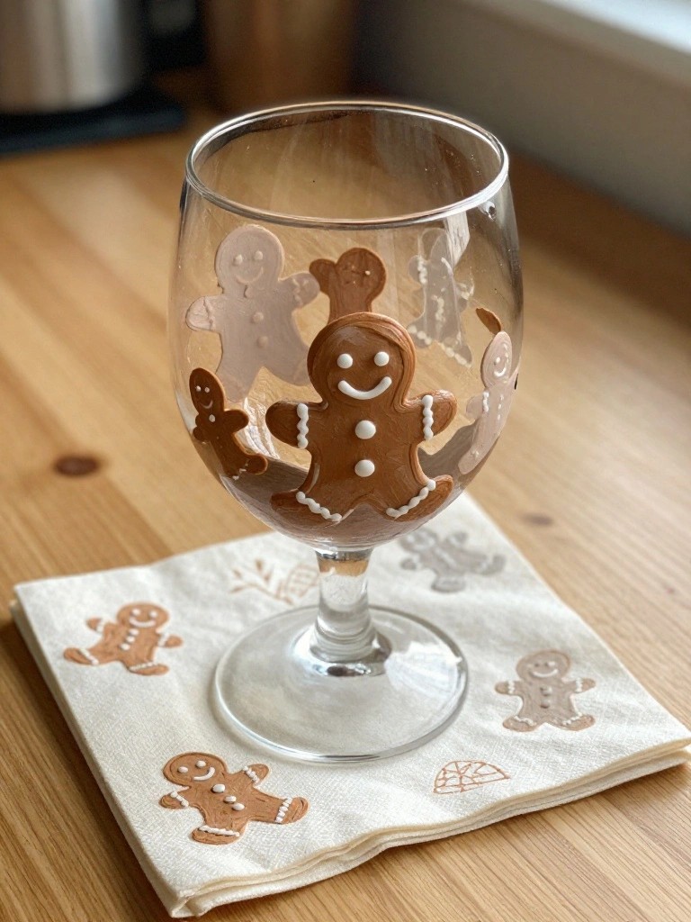Wine glass with brown gingerbread men on patterned white napkin atop wood table