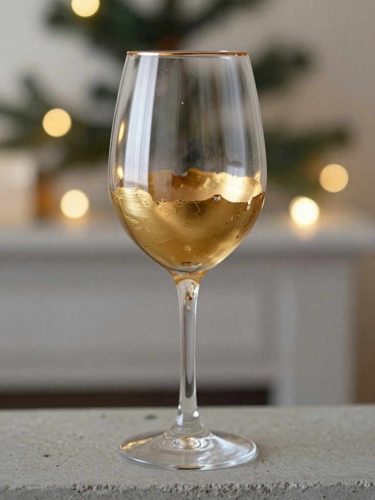 Wine glass with gold leaf rim and band holding pale wine on stone ledge