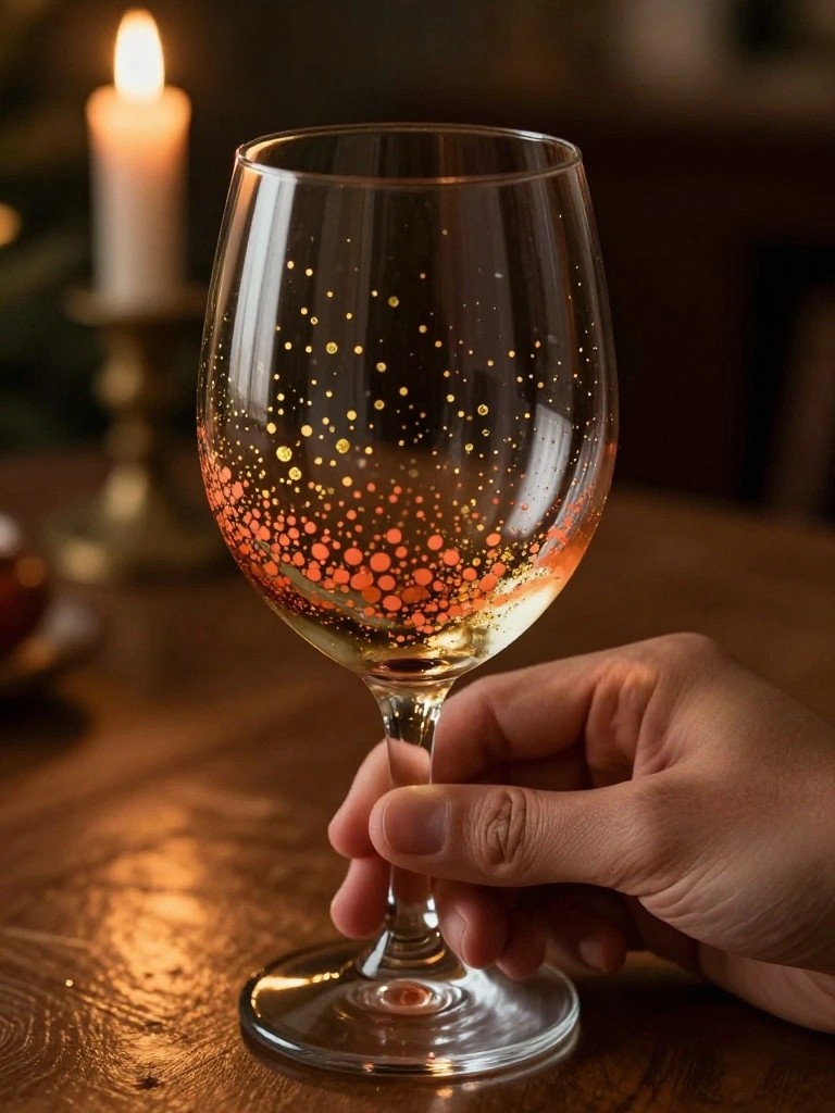 Hand holding wine glass with gold and orange dotted pattern near lit candle.