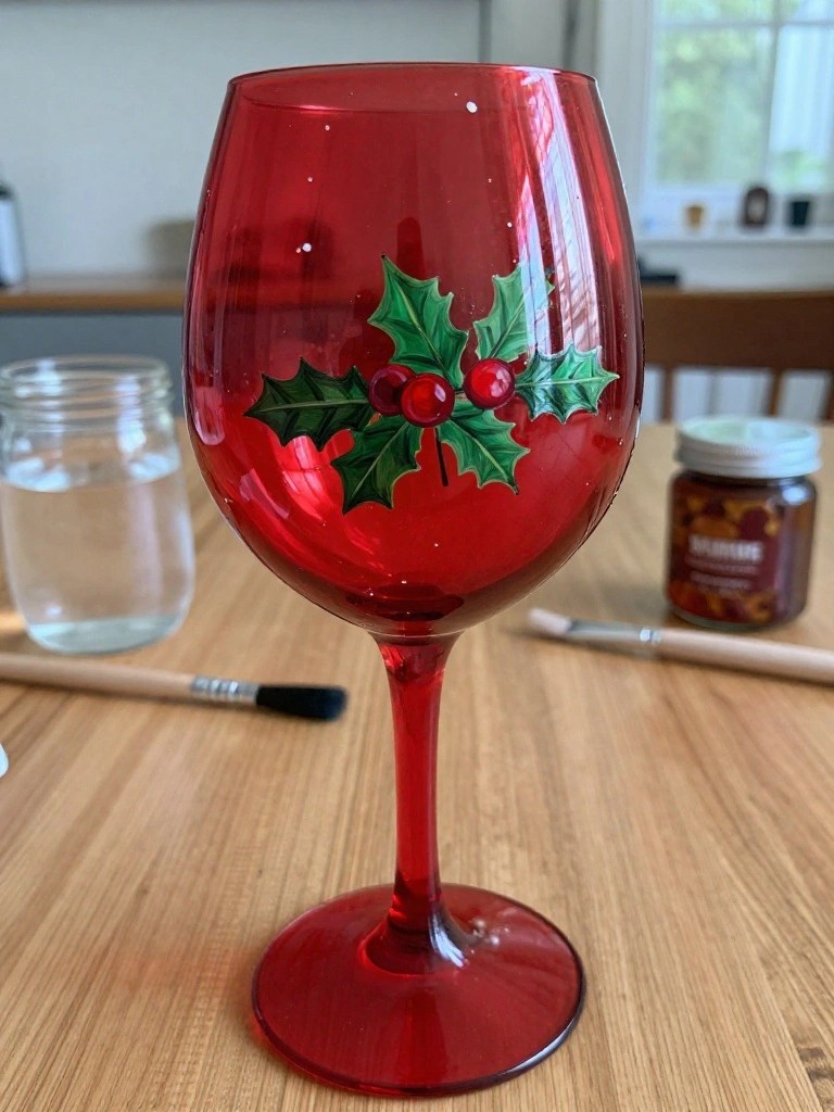 Red wine glass painted with holly leaves and berries on wooden table