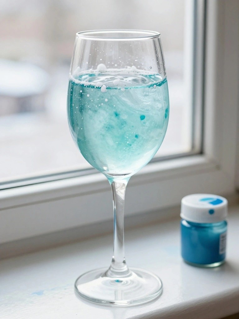 Wine glass of swirling blue liquid with bubbles beside small jar on windowsill.