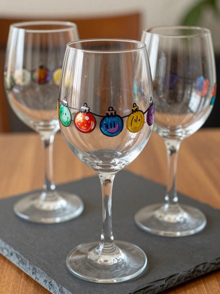 Three clear wine glasses on a dark slate tray, each painted with a string of colorful Christmas ornaments around the bowl.