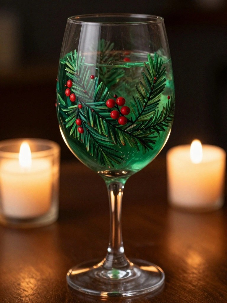 Wine glass with green liquid, painted pine branches and red berries, beside lit candles.