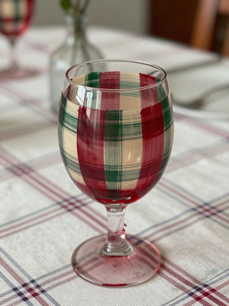 Plaid wine glass with red, green, and beige stripes on checkered tablecloth.