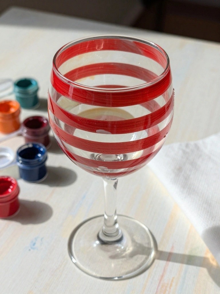 Wine glass with red horizontal stripes beside open paint pots on wooden table