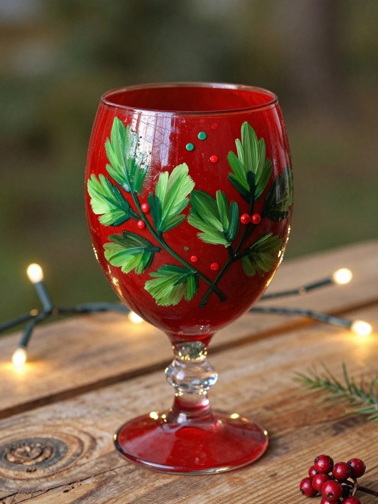 Red wine glass hand-painted with holly leaves and berries on wooden table with lights