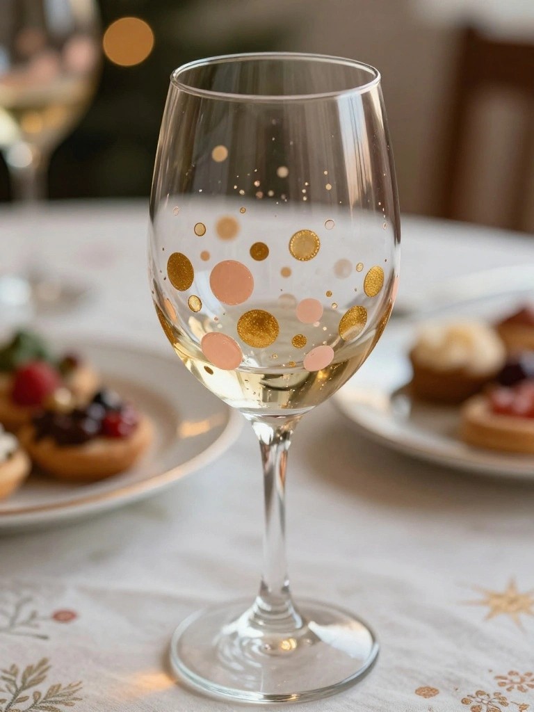 Decorated wine glass with gold and pink dots on festive holiday table