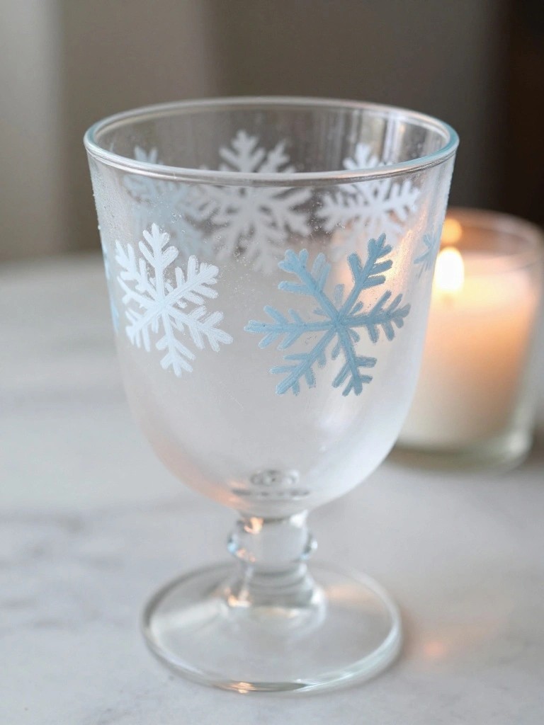 Clear glass goblet with white and blue snowflake designs beside lit candle