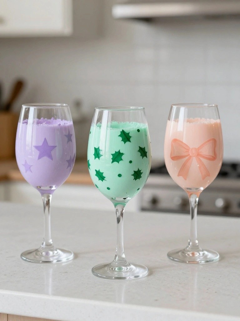 Three wine glasses with purple, green, and pink drinks on kitchen counter
