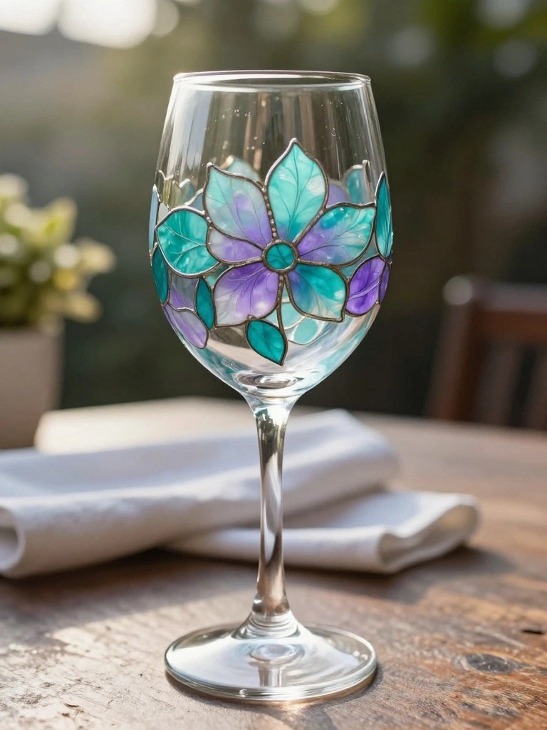 Stained-glass turquoise and purple flower on wine glass atop wooden table with napkin