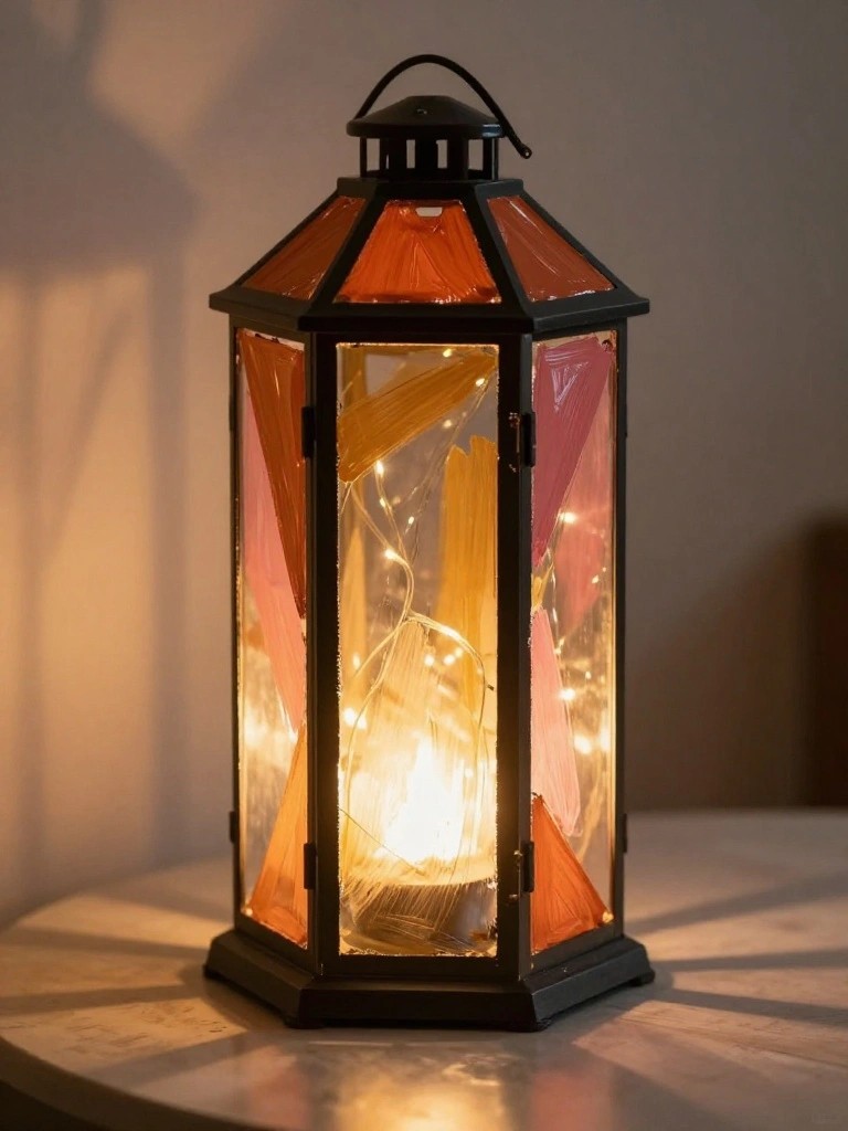 Black lantern with orange-pink panels glowing from warm fairy lights on table