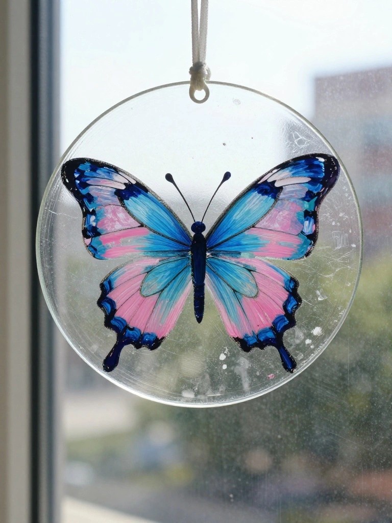 Round glass ornament with pink and blue butterfly hanging on window