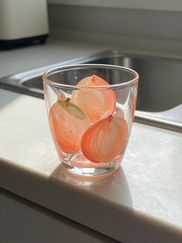 A small clear glass cup with orange painted citrus slice designs sits on a white kitchen counter.