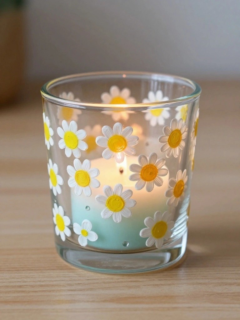 Lit candle in glass holder painted with white and yellow daisies on wood table