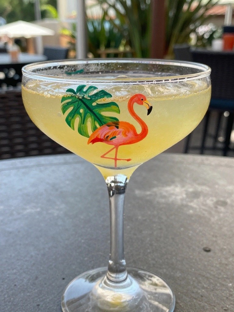 Yellow cocktail in stemmed glass with painted flamingo and green leaf design