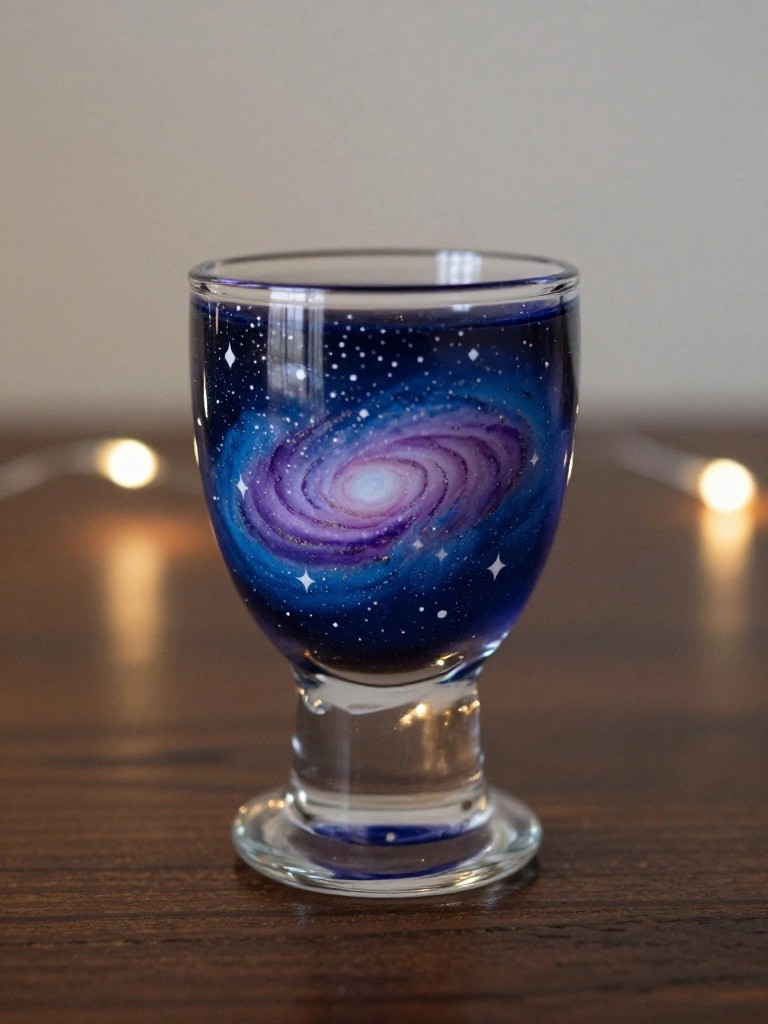 Glass goblet with swirling blue-purple galaxy, stars, on wooden table with bokeh lights