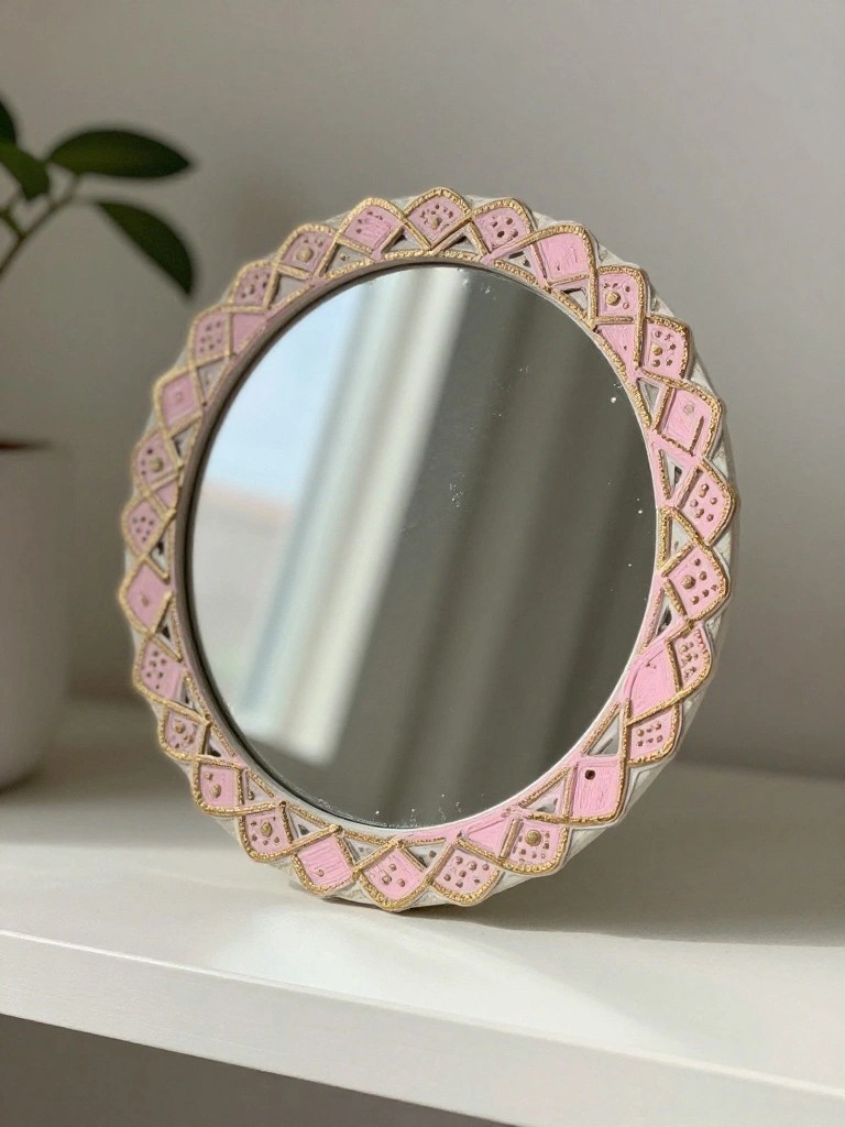 Round mirror with pink and gold geometric patterned frame on white surface