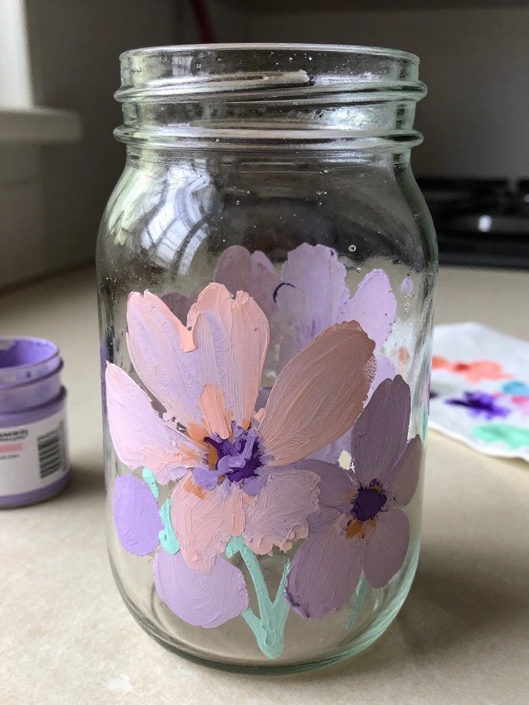A clear glass mason jar with large painted flowers in purple, pink, and brown tones and green stems.