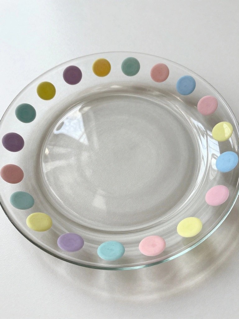 A clear glass plate with multicolored painted dots around the rim on a white surface.