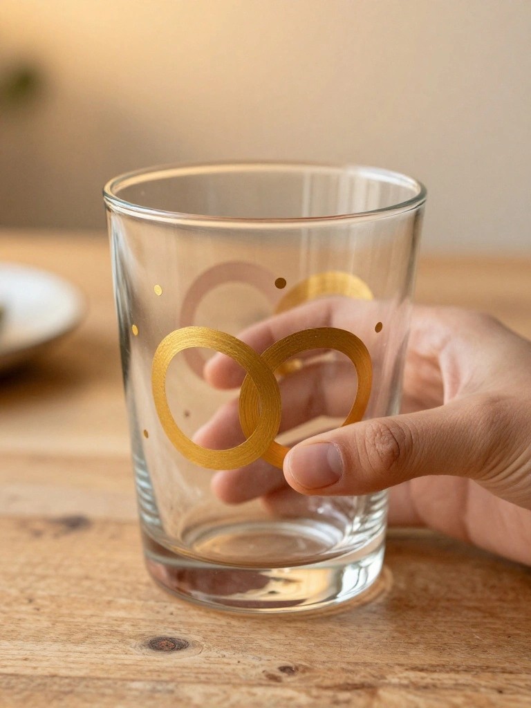 A hand holds a clear glass tumbler with two overlapping gold circles and small gold dots against a wooden table.