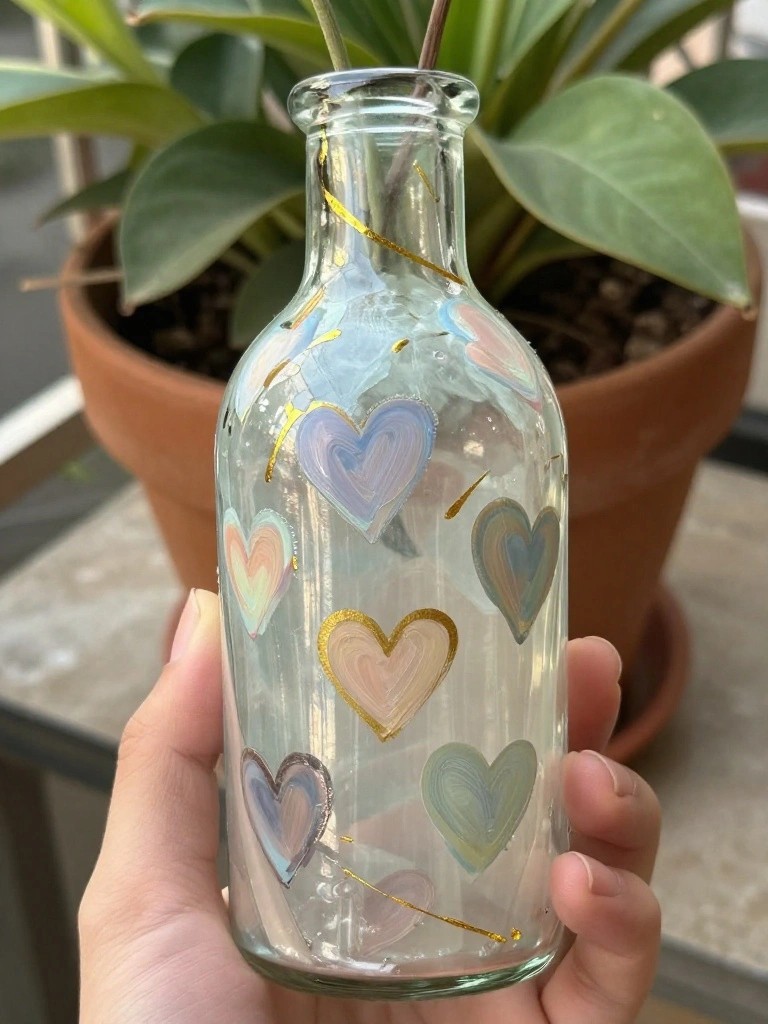 Hand holding glass bottle painted with pastel hearts and gold accents, plant in background