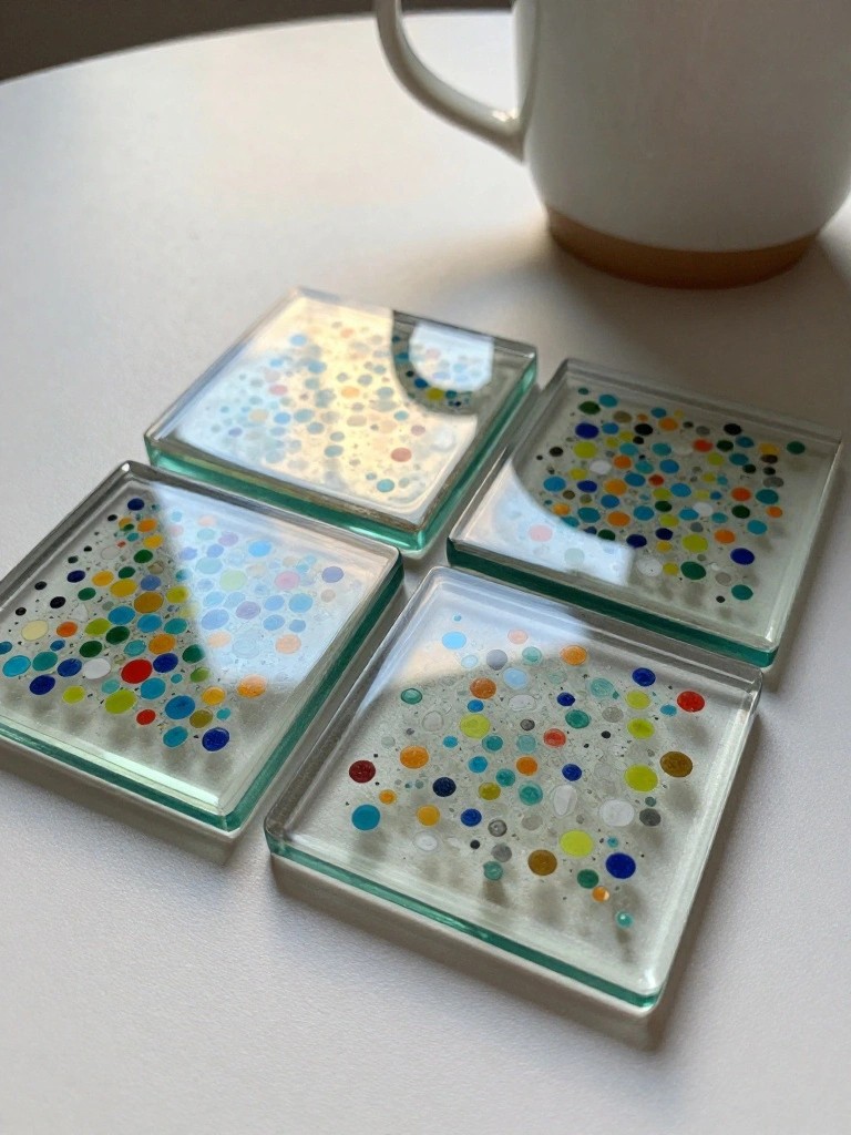 Four square glass coasters with colorful dots beside a white mug