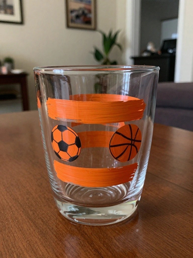 Clear glass tumbler with orange stripes, soccer ball, and basketball on wooden table.