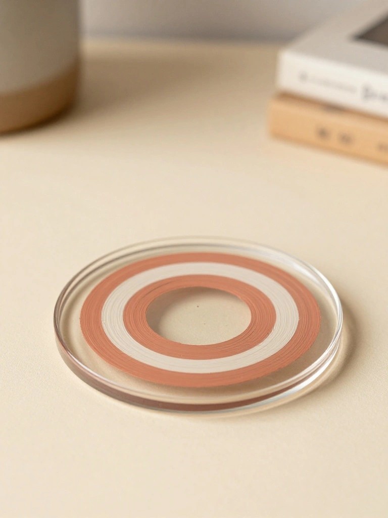 Transparent disc with concentric terracotta and white rings on beige surface