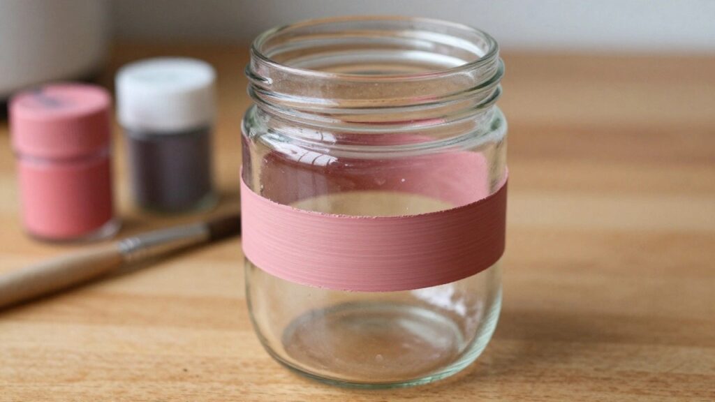 Glass jar half-painted pink on wooden table with art supplies in background.