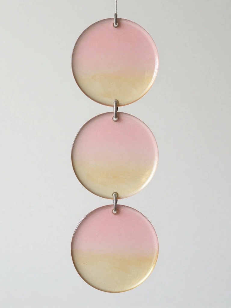 Three pink-to-yellow gradient circular discs hanging vertically from metal links