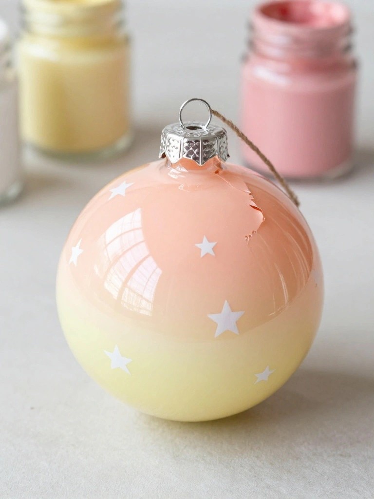 Pink-yellow gradient Christmas ornament with white stars and chipped paint.
