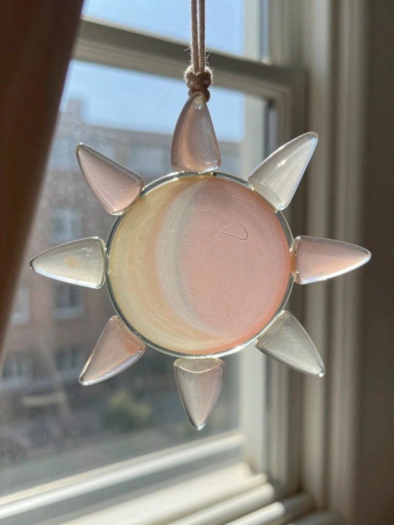 Pink glass sun ornament with clear triangular rays hanging from string before window.