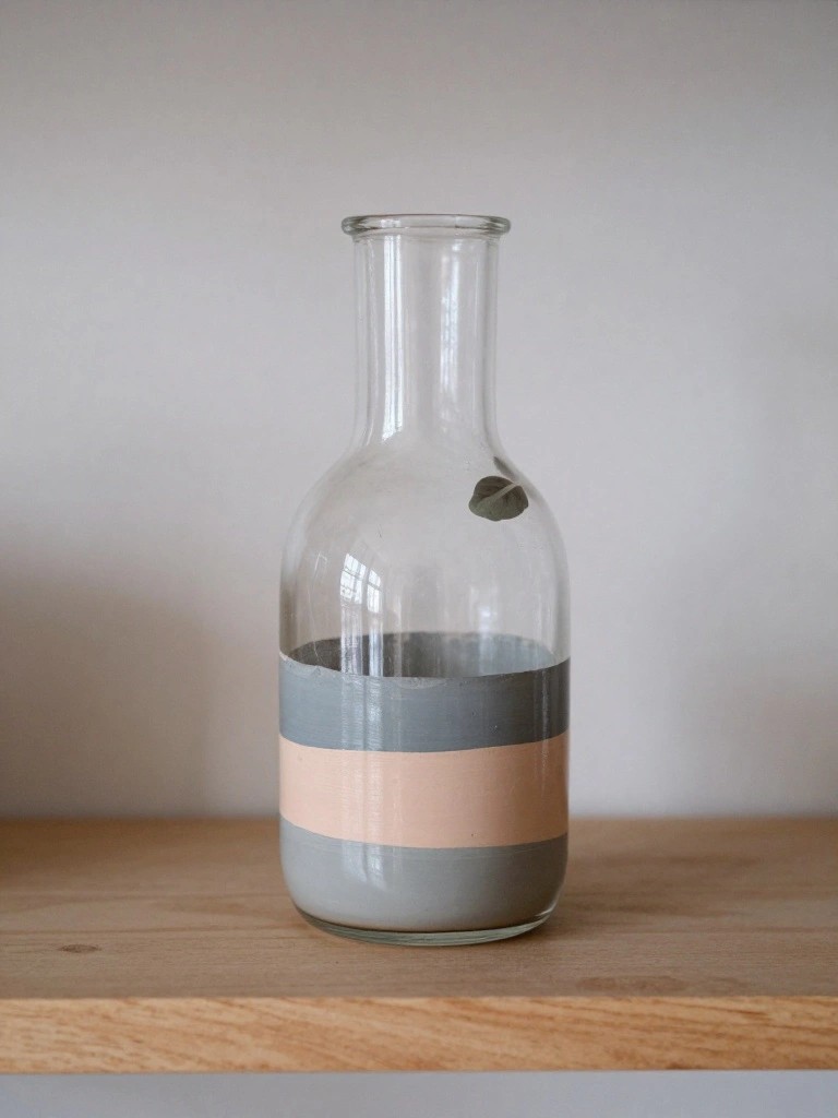 Clear glass bottle with gray and peach painted stripes on wood surface